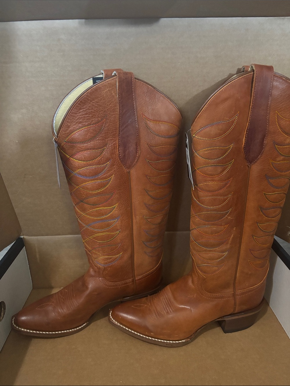 Justin Boots Brown Western Tall Leather Cowboy Boots - Picture 2 of 8